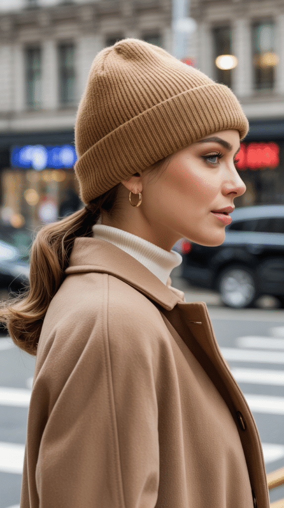 33 Cozy Cute Winter Hairstyles with Beanies 7 Sleek Low Ponytail with Classic Beanie