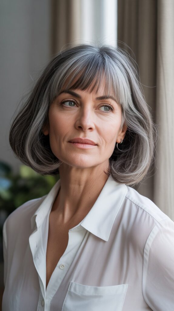 30 Stylish Long Bob with Curtain Bangs for Women Over 40 18 Long Bob with Curtain Bangs for Gray Hair