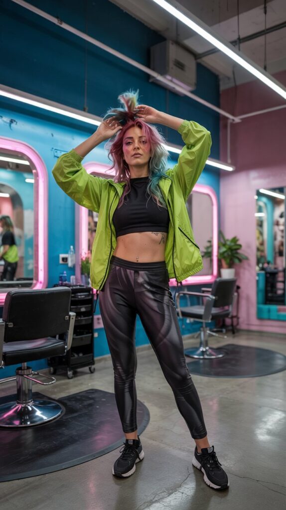 27 Trendy Baddie Hairstylist Outfits for Work 12 Neon Windbreaker with Black Basics
