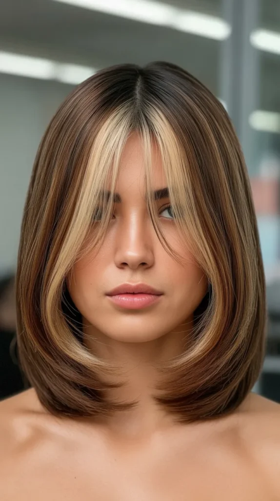 Long Bob with Curtain Bangs and Money Piece Highlights