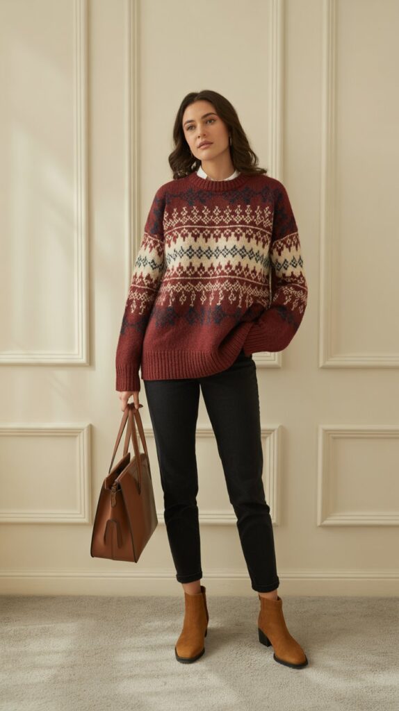 33 Best Casual Fall Outfits for Women at Work 30 Fair Isle Sweater with Slim Pants