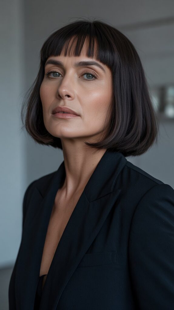 30 Stylish Long Bob with Curtain Bangs for Women Over 40 3 Blunt-Cut Long Bob with Center-Parted Curtain Bangs