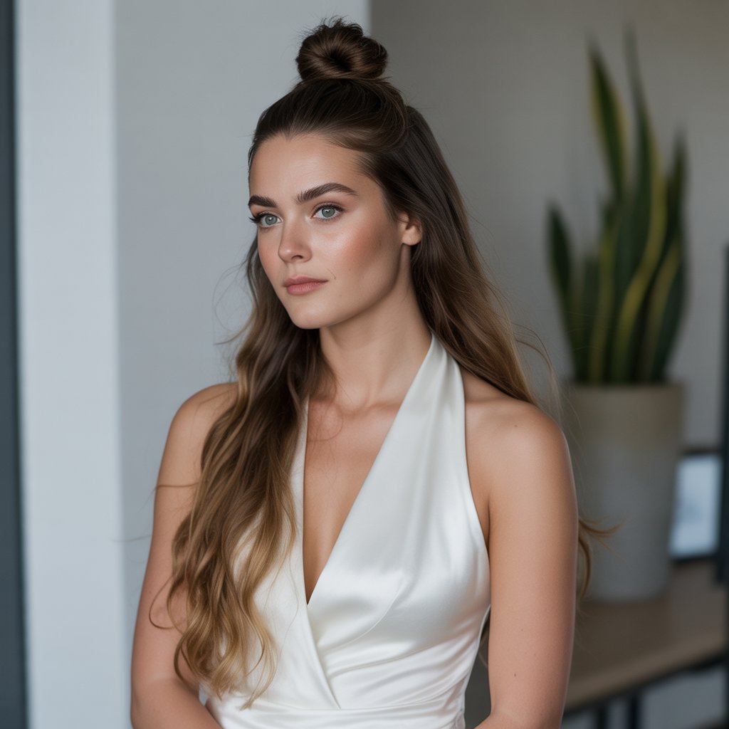 30+ Half-Up, Half-Down Wedding Hairstyles That Will Take Your Wedding Look to the Next Level 5 Half-Up Top Knot