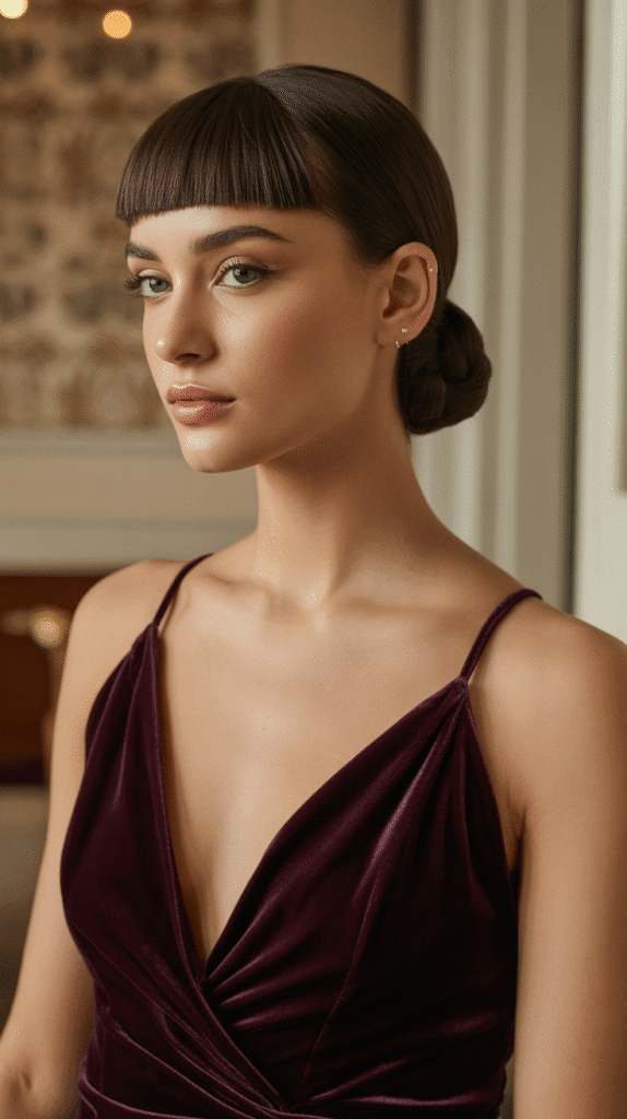 30+ Classy Bridesmaid Updo Hairstyles with Bangs 14 Low Twisted Bun with Micro Fringe