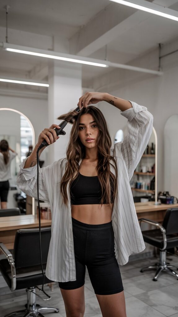 33 Polished Summer Hairstylist Outfits for Work 15 Bike Shorts with Oversized Button-Down Shirt