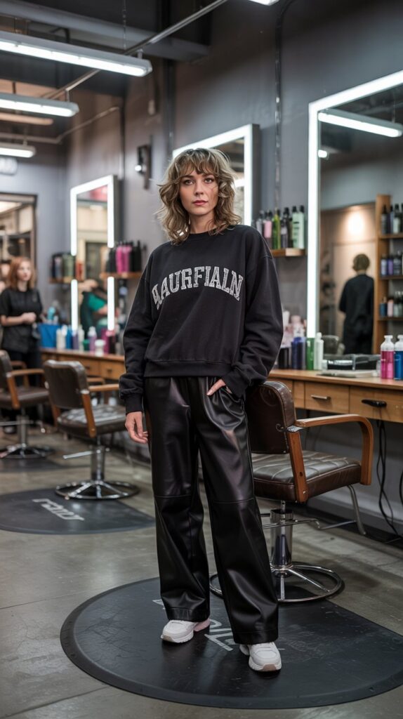  Black Sweatshirt with Black Faux Leather Pants