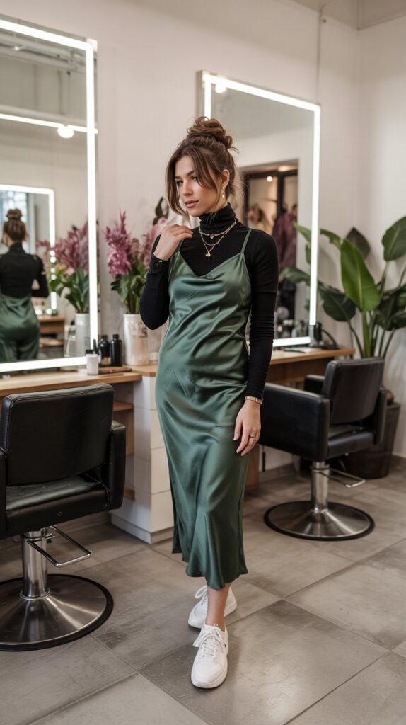 27 Trendy Baddie Hairstylist Outfits for Work 17 Satin Slip Dress with Sneakers