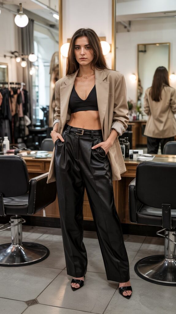 27 Trendy Baddie Hairstylist Outfits for Work 11 Blazer with Sports Bra and Tailored Trousers