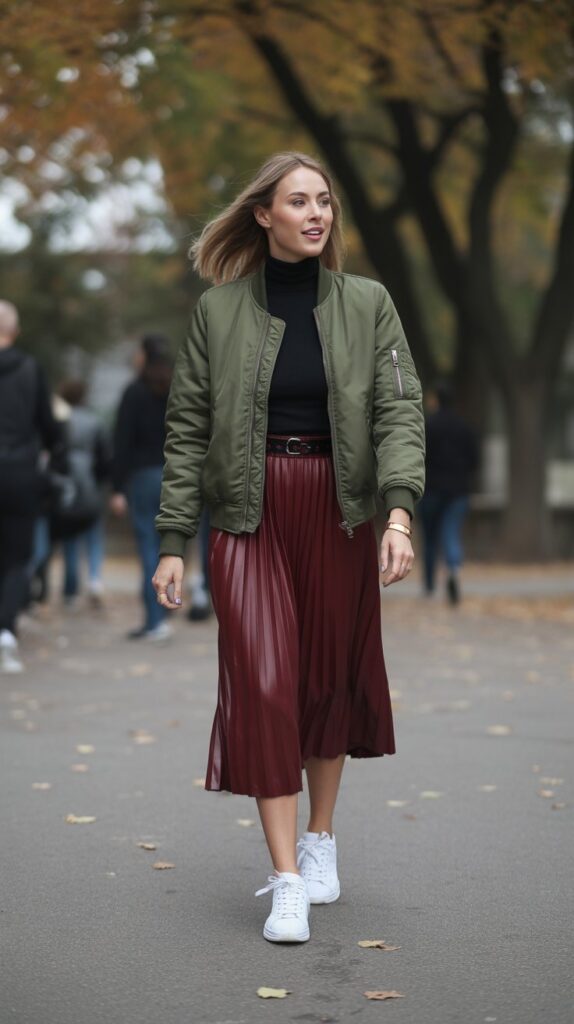 30 Best Casual Fall Outfits for Women 2025 21 Bomber Jacket with Midi Skirt and Turtleneck