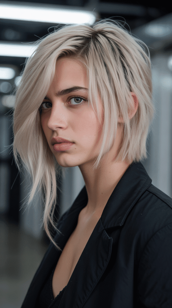 Asymmetrical Long Bob with Side-Swept Curtain Bangs