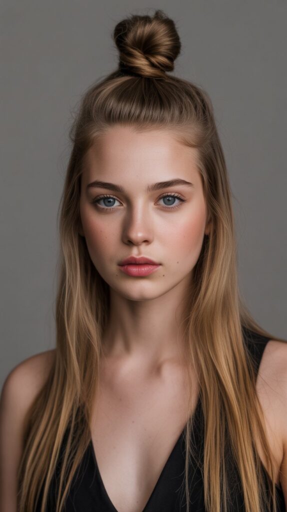 Top 27+ Half-Up Half-Down Prom Hairstyles 2 Half-Up Top Knot with Flowing Hair