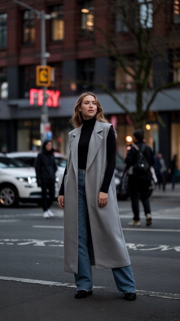 32 Casual Night-Out Fall Outfits for Women 26 Longline Vest with Turtleneck and Jeans