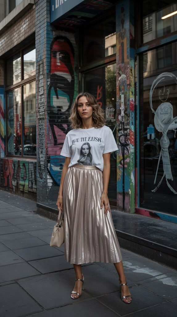 32 Casual Night-Out Fall Outfits for Women 18 Graphic Tee with Pleated Midi Skirt