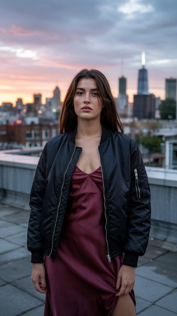32 Casual Night-Out Fall Outfits for Women 29 Bomber Jacket with Slip Dress