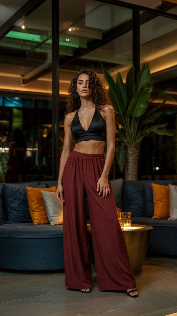 32 Casual Night-Out Fall Outfits for Women 13 Crop Top with High-Waisted Palazzo Pants