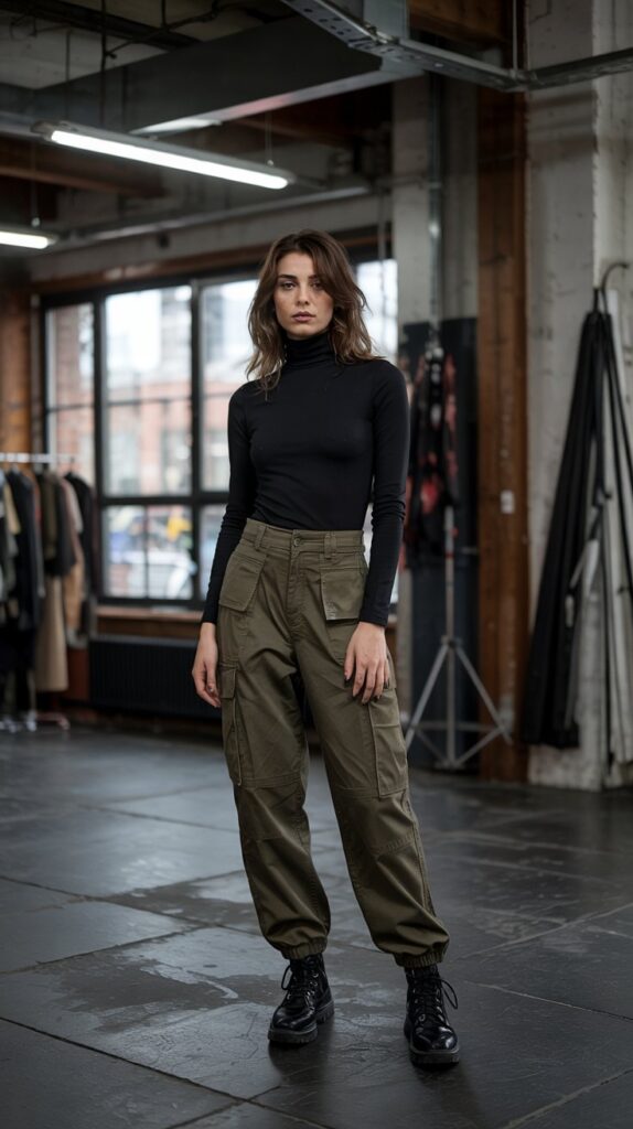 32 Casual Night-Out Fall Outfits for Women 22 Turtleneck Bodysuit with Cargo Pants