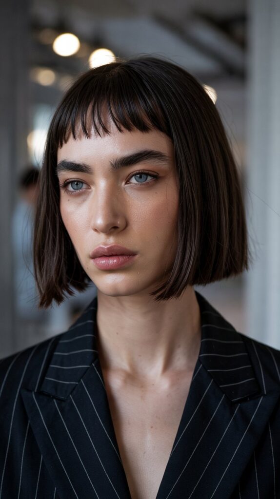 Blunt Cut Long Bob with Wispy Curtain Bangs