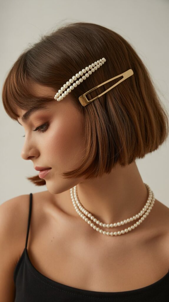 . Long Bob with Curtain Bangs and Accessories