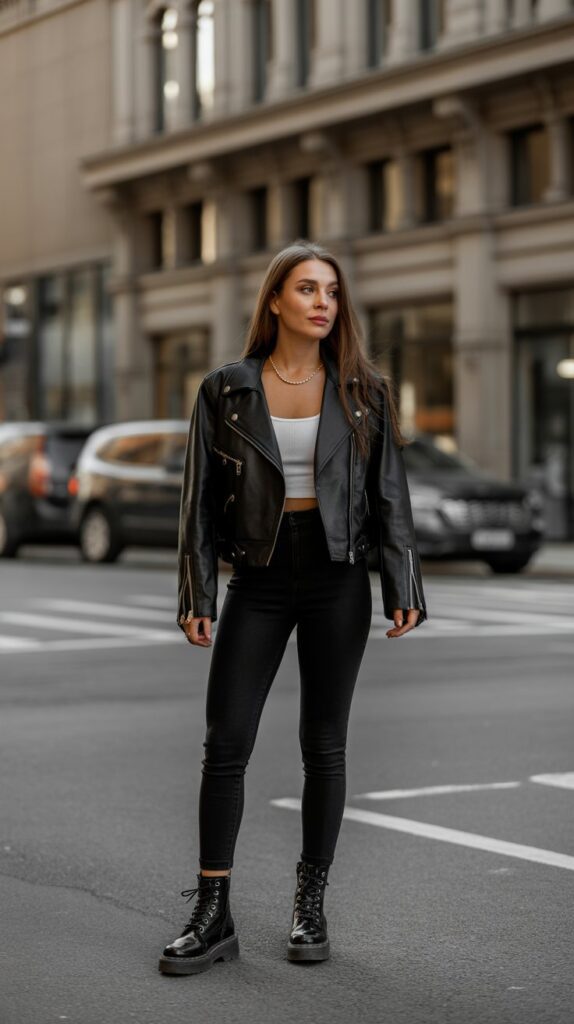 33 Trendy Casual Fall Outfits for Women with Leggings 2 Leather Jacket with Leggings and Combat Boots