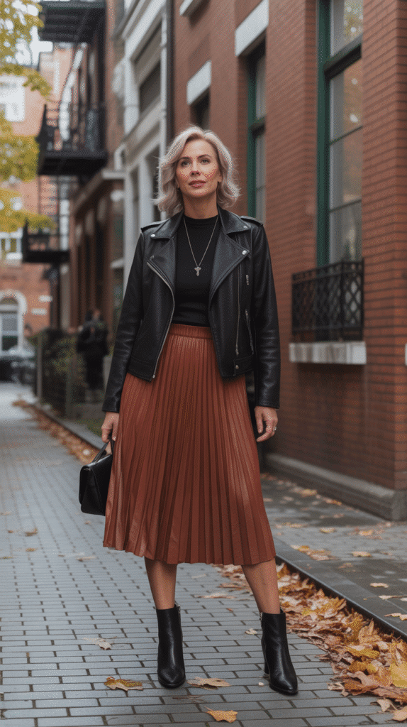 30 Stylish Casual Fall Outfits for Women Over 40 5 Leather Jacket with Midi Skirt