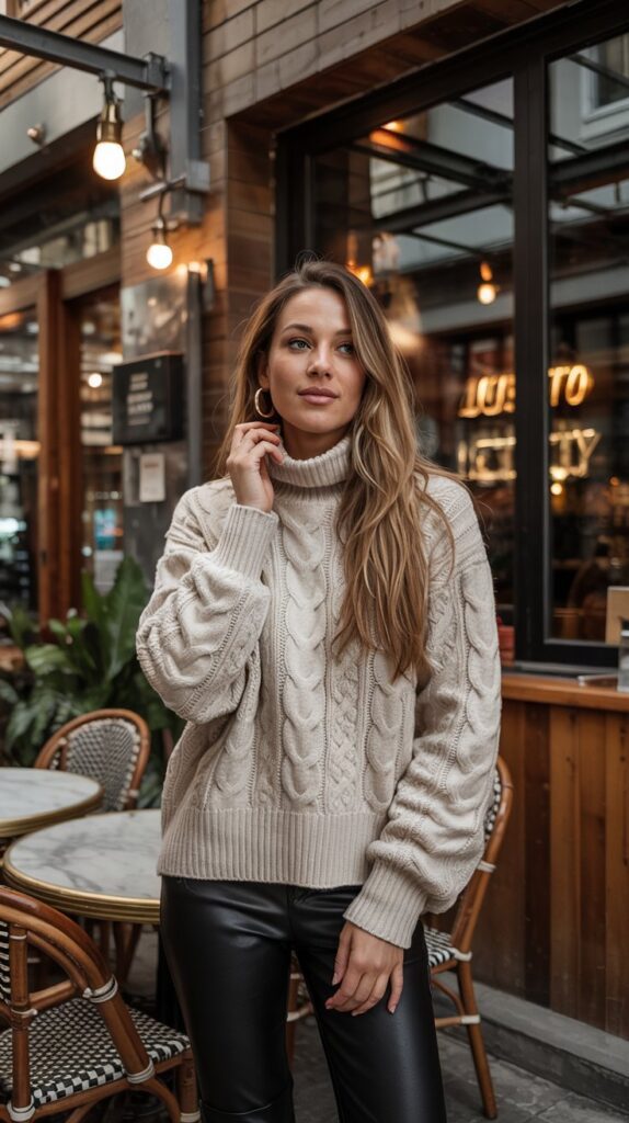 32 Casual Night-Out Fall Outfits for Women 3 Chunky Knit Sweater with Leather Pants