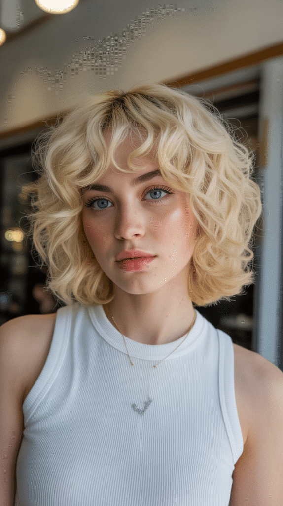 Long Bob with Curtain Bangs for Fine Curly Hair