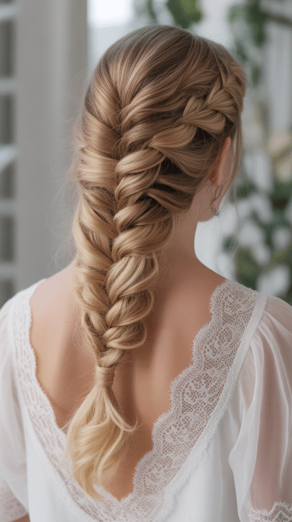 Best 30+ Wedding Hairstyles for Long Curly Hair 22 Fishtail Braid with Curly Ends