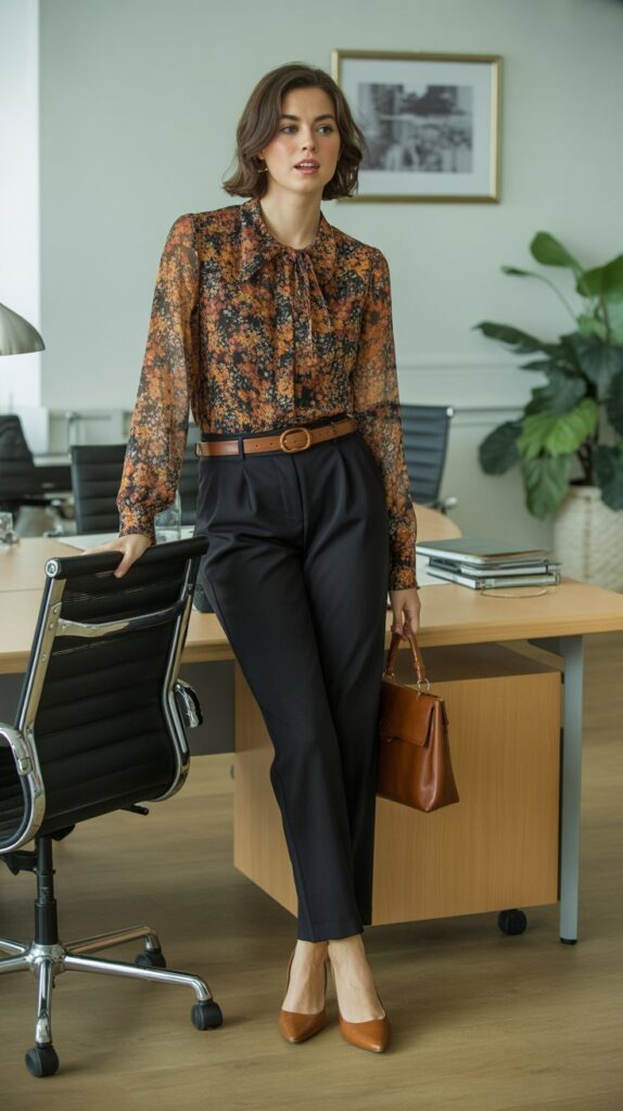 33 Best Casual Fall Outfits for Women at Work 17 Printed Blouse with Neutral Bottoms