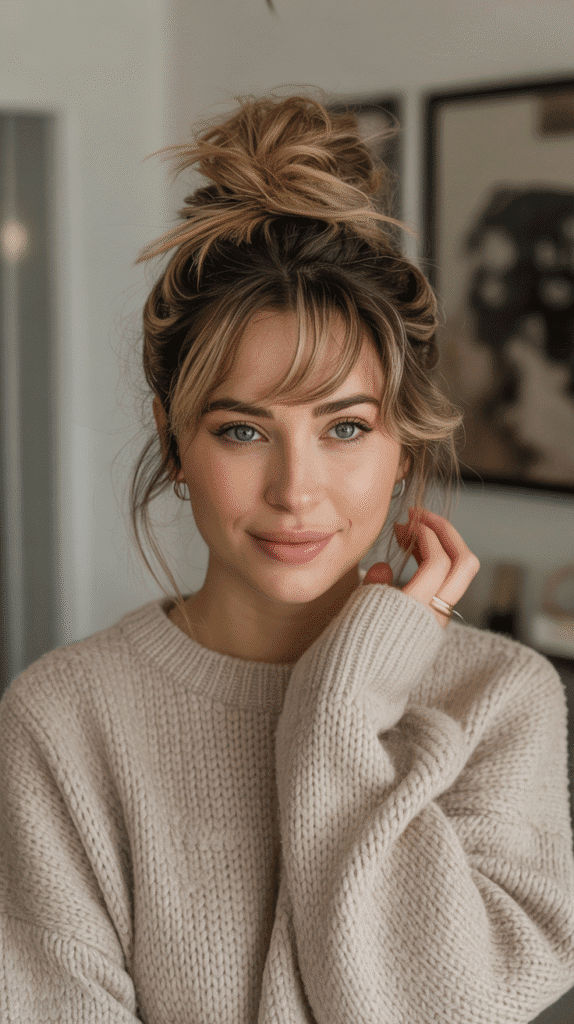 33 Easy and Simple Cute Winter Hairstyles 33 Messy High Bun