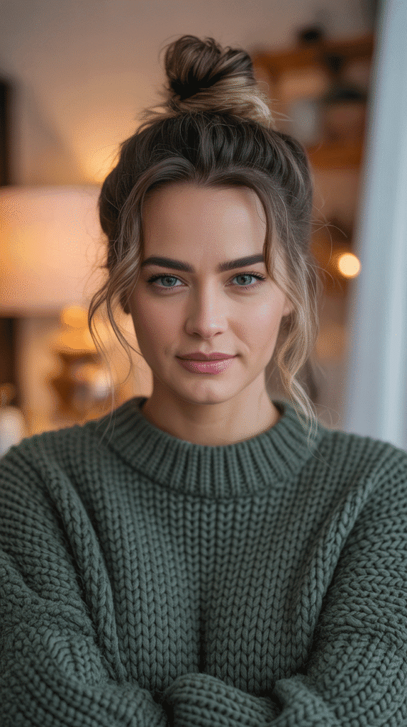 33 Easy and Simple Cute Winter Hairstyles 3 Half-Up Top Knot