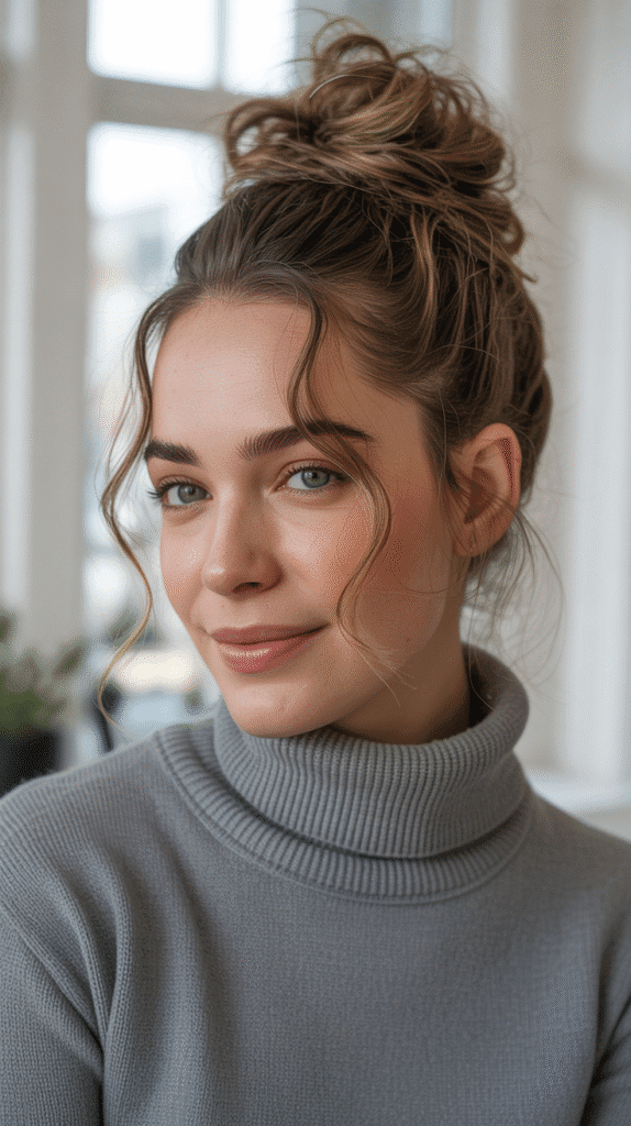 33 Easy and Simple Cute Winter Hairstyles 20 High Bun with Face-Framing Pieces