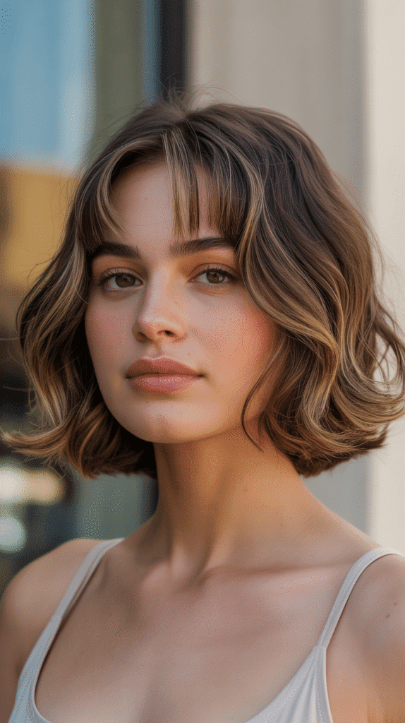 Top 30 Feminine Short Hair for Round Faces 6 Layered Bob with Curtain Bangs