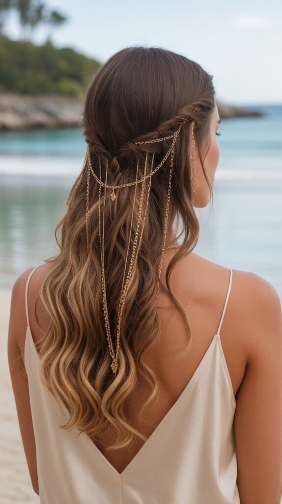 30+ Stunning Beach Wedding Hairstyles That Will Make Waves 16 Pinned Back Waves With Hair Jewelry