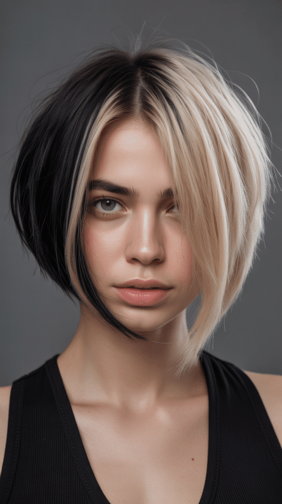 Top 30 Feminine Short Hair for Round Faces 19 Asymmetrical Bob with Color Blocking