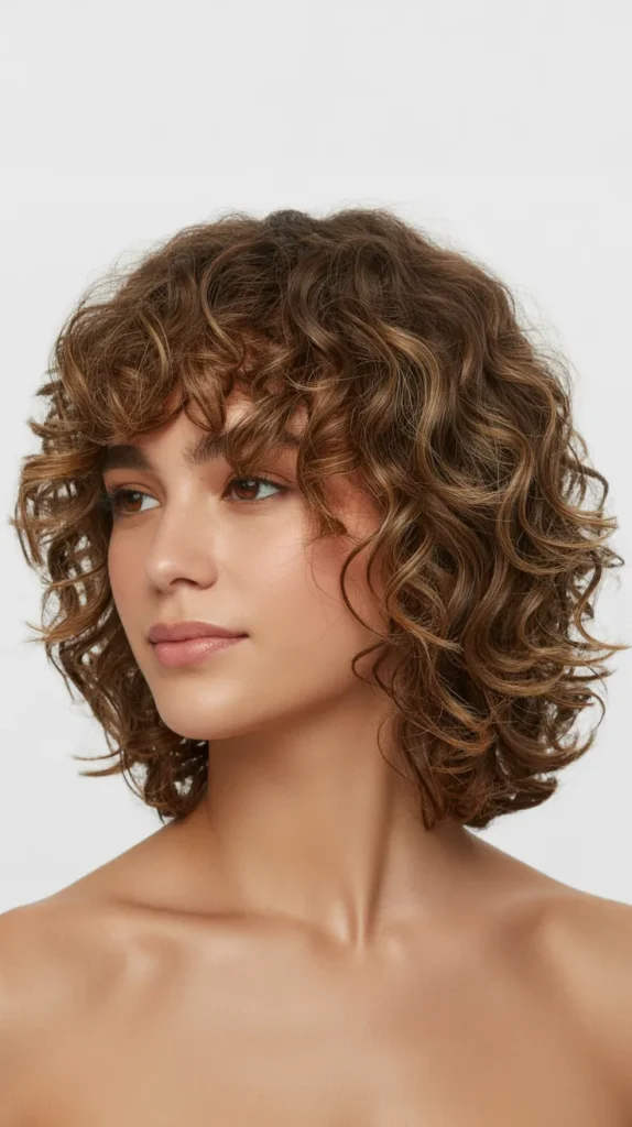 Curly Long Bob with Curtain Bangs and Choppy Layers