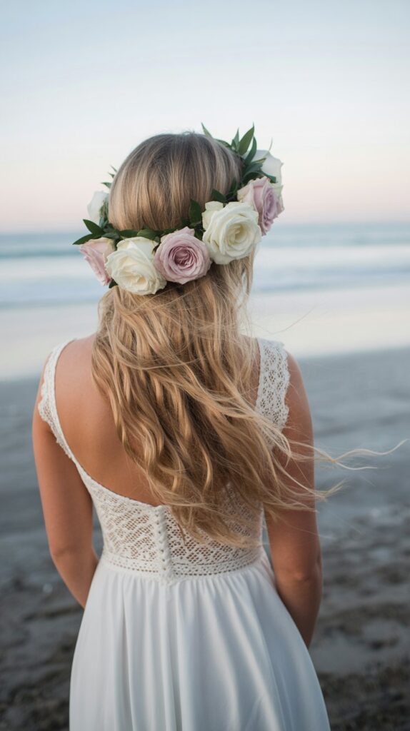30+ Stunning Beach Wedding Hairstyles That Will Make Waves 12 Floral Crown With Flowing Hair