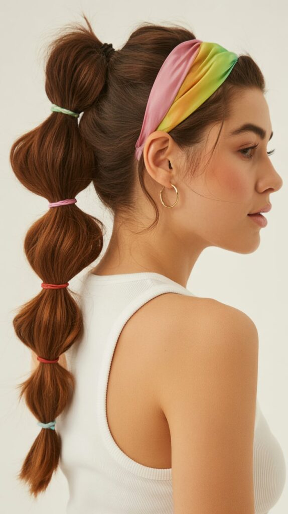 27 Greasy Hair Hairstyles with a Headband 9 Bubble Ponytail with Colorful Headband