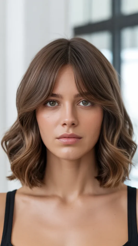 Wavy Long Bob with Center-Parted Curtain Bangs