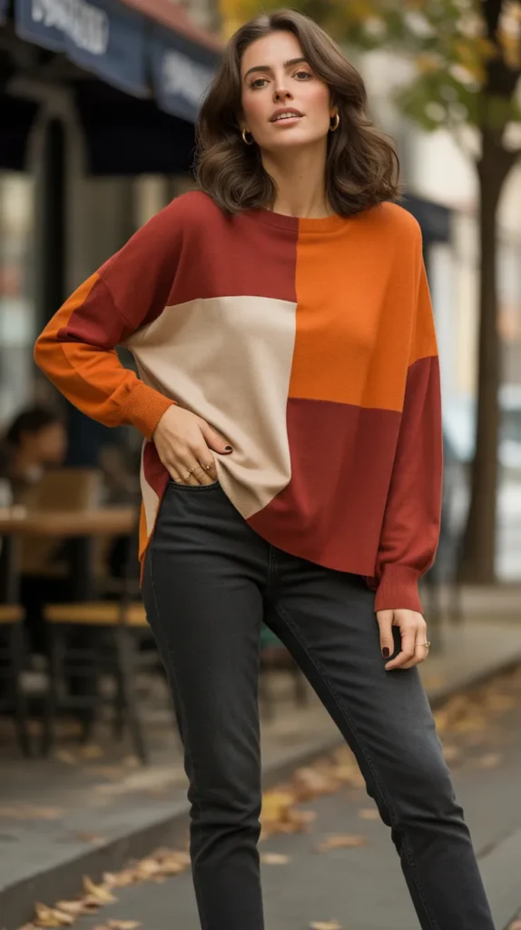  Color-Block Sweater and Dark Jeans