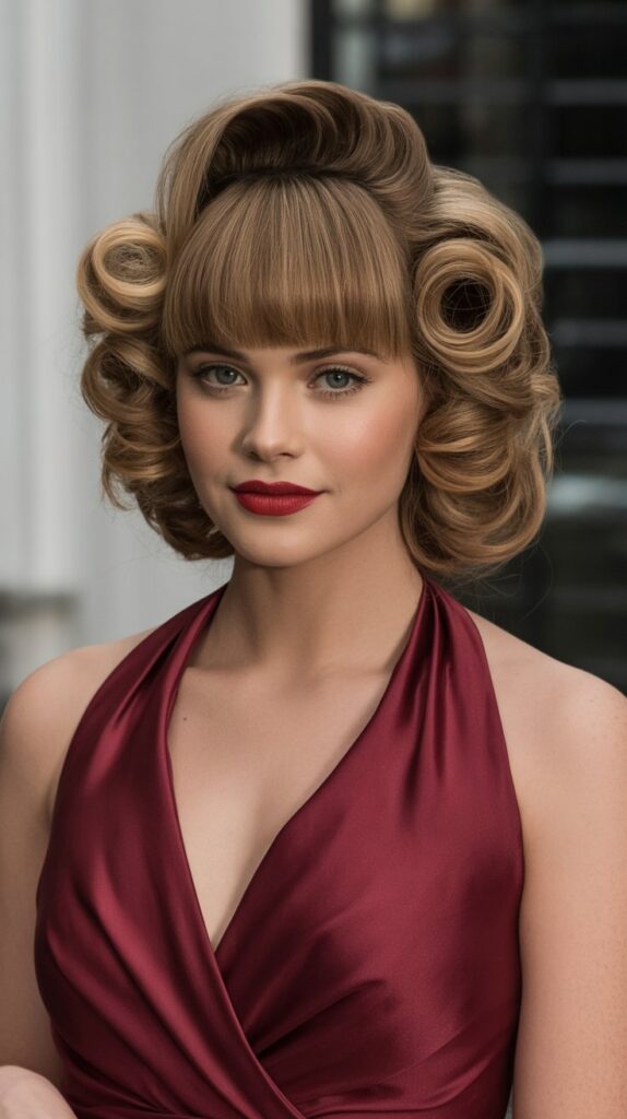 30+ Classy Bridesmaid Updo Hairstyles with Bangs 9 Soft Rolled Updo with Full Bangs