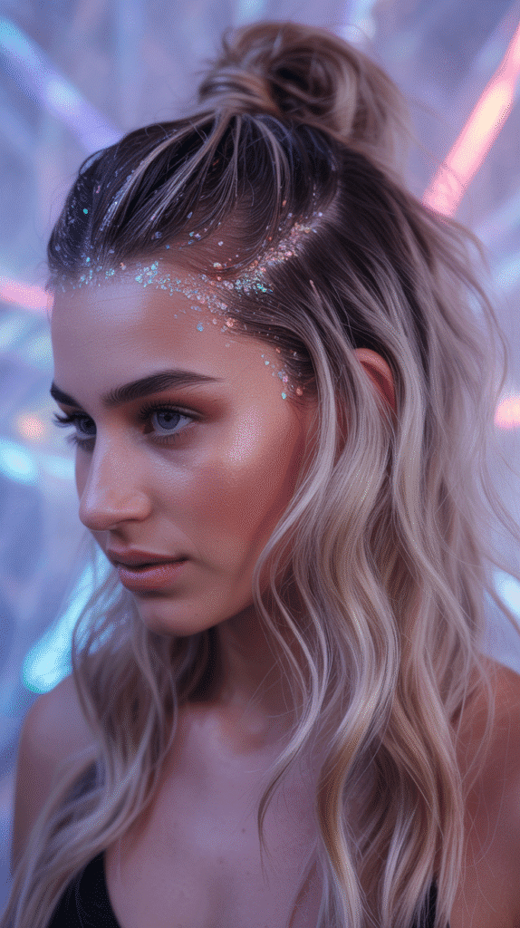 30 Trendy Half-Up Half-Down Hairstyles for HoCo 2025 14 Glitter Roots Half-Up