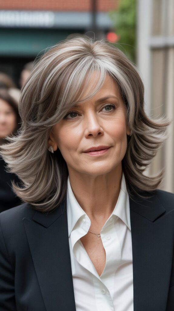 Top 30+ Medium Length Hairstyles for Thin Fine Hair Over 50 13 Layered Cut with Swoopy Side Bang