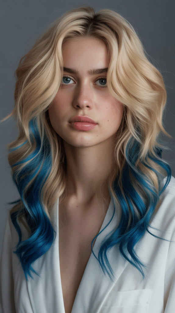 Golden Butter Blonde with Peacock Blue Streaks