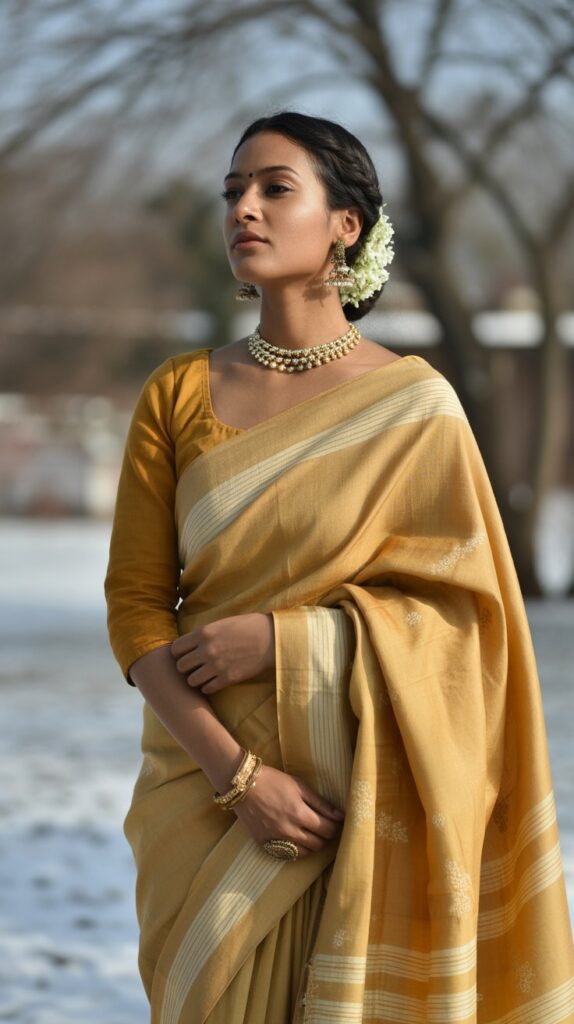 22 Gorgeous Indian Winter Outfits for Women You'll Love 16 Woolen Saree with Full-Sleeve Blouse