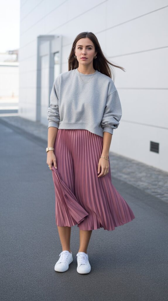 27 Elegant Self Care Sunday Dress to Impress Looks 22 The Midi Skirt and Sweatshirt Balance