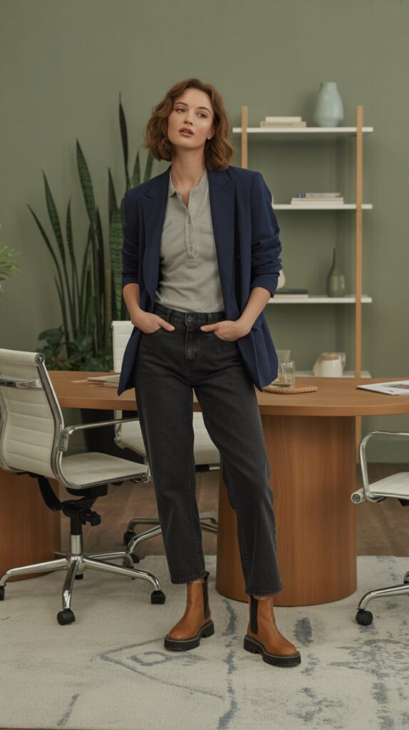 33 Best Casual Fall Outfits for Women at Work 23 Henley Shirt with Blazer and Jeans