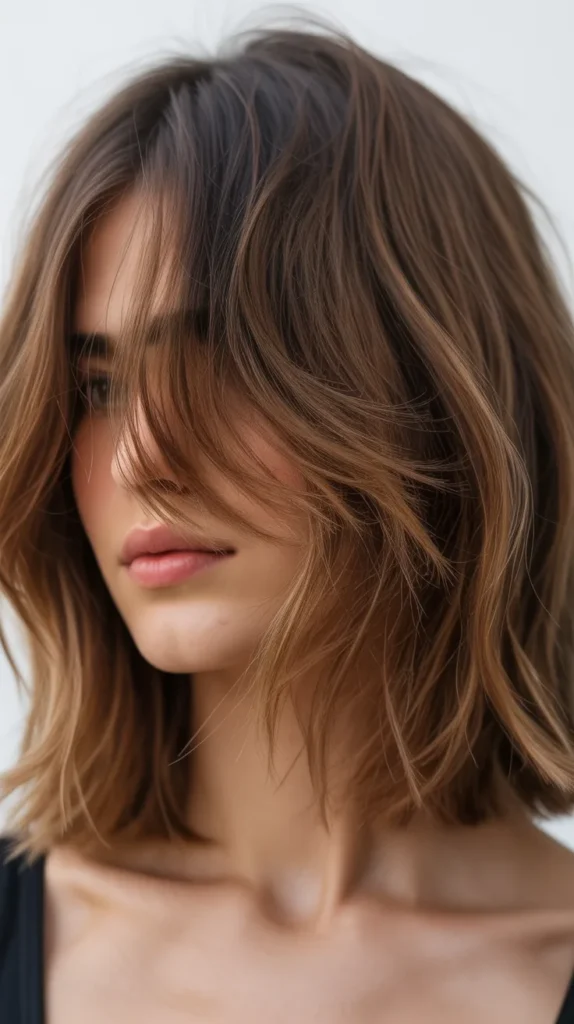 Undone Long Bob with Curtain Bangs and Root Volume