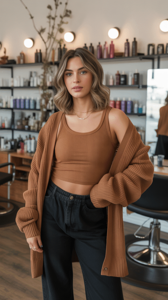 28 Cozy Hairstylist Outfits for Work in Fall 17 Ribbed Knit Set in Warm Tones