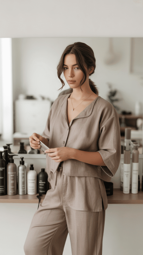 34 Breezy Summer Hairstylist Outfits for Work 8 Matching Linen Set (Top and Pants)