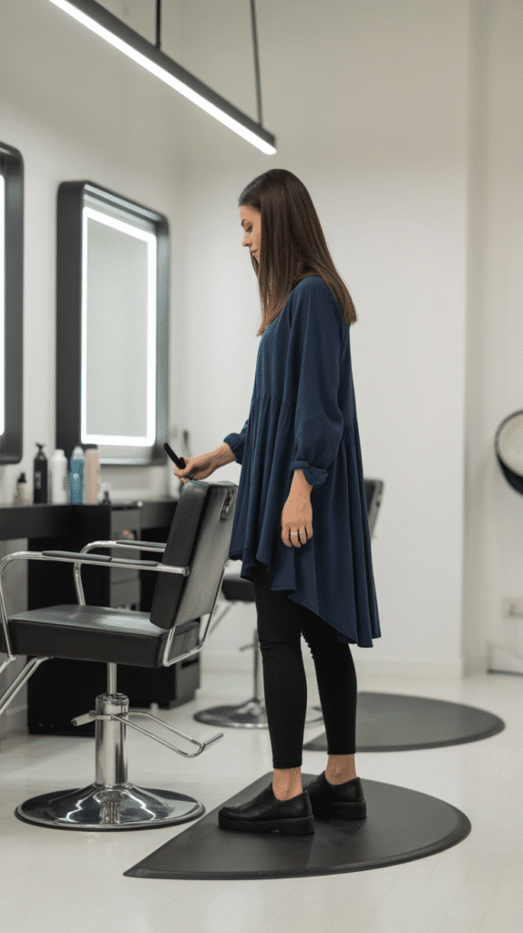 28 Cozy Hairstylist Outfits for Work in Fall 15 Navy Blue Tunic with Ankle Leggings